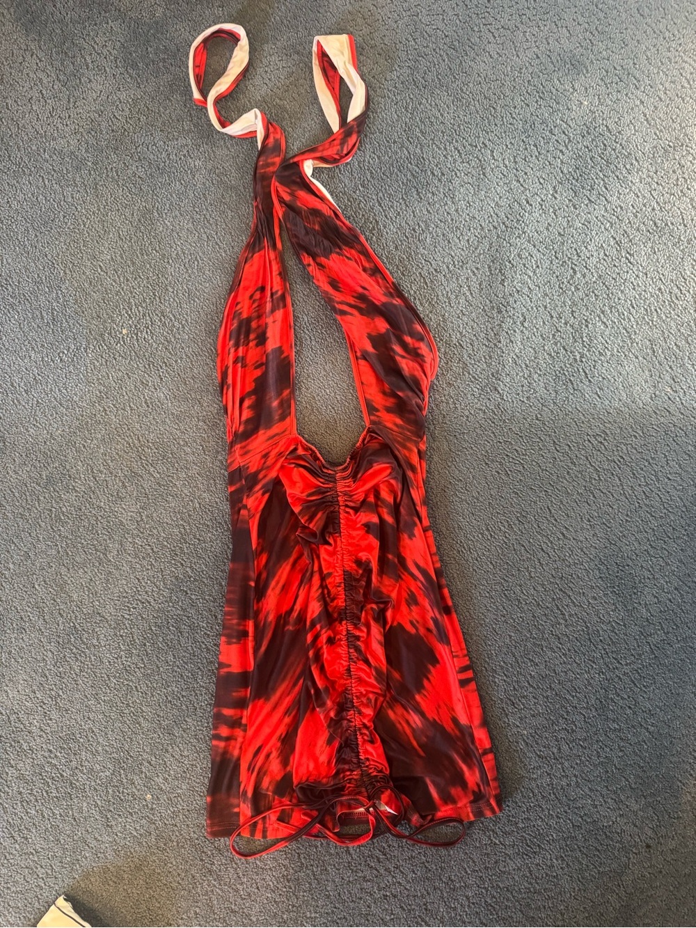 SHEIN Red and Black Backless Halter Ruched Mini Dress